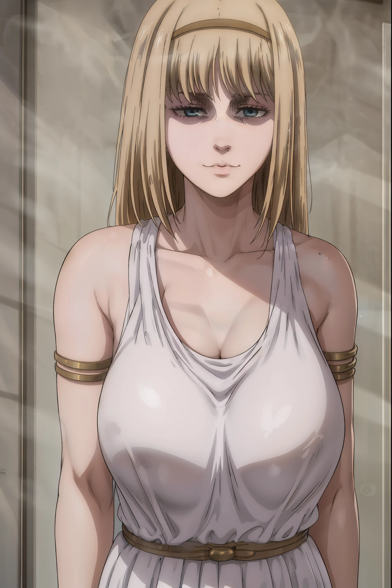 Simple White Background,
white shirt,collarbone, cleavage, bare shoulders,
armbands,
blue eyes, blonde hair,bangs,Long_hair,hairband,
1 girl, 20yo,Young female,Beautiful Finger,Beautiful long legs,Beautiful body,
Beautiful Nose,Beautiful character design, perfect eyes, perfect face,expressive eyes,perfect balance,
looking at viewer,(Focus on her face),closed mouth, (innocent_big_eyes:1.0),(Light_Smile:0.3),
official art,extremely detailed CG unity 8k wallpaper, perfect lighting,Colorful, Bright_Front_face_Lighting,White skin,
(masterpiece:1.0),(best_quality:1.0), ultra high res,4K,ultra-detailed,
photography, 8K, HDR, highres, absurdres:1.2, Kodak portra 400, film grain, blurry background, bokeh:1.2, lens flare, (vibrant_color:1.2),professional photograph,
(Beautiful,large_Breasts:1.4), (beautiful_face:1.5),(narrow_waist), ((arms behind back)), smug, evil sinister smug, smug expression