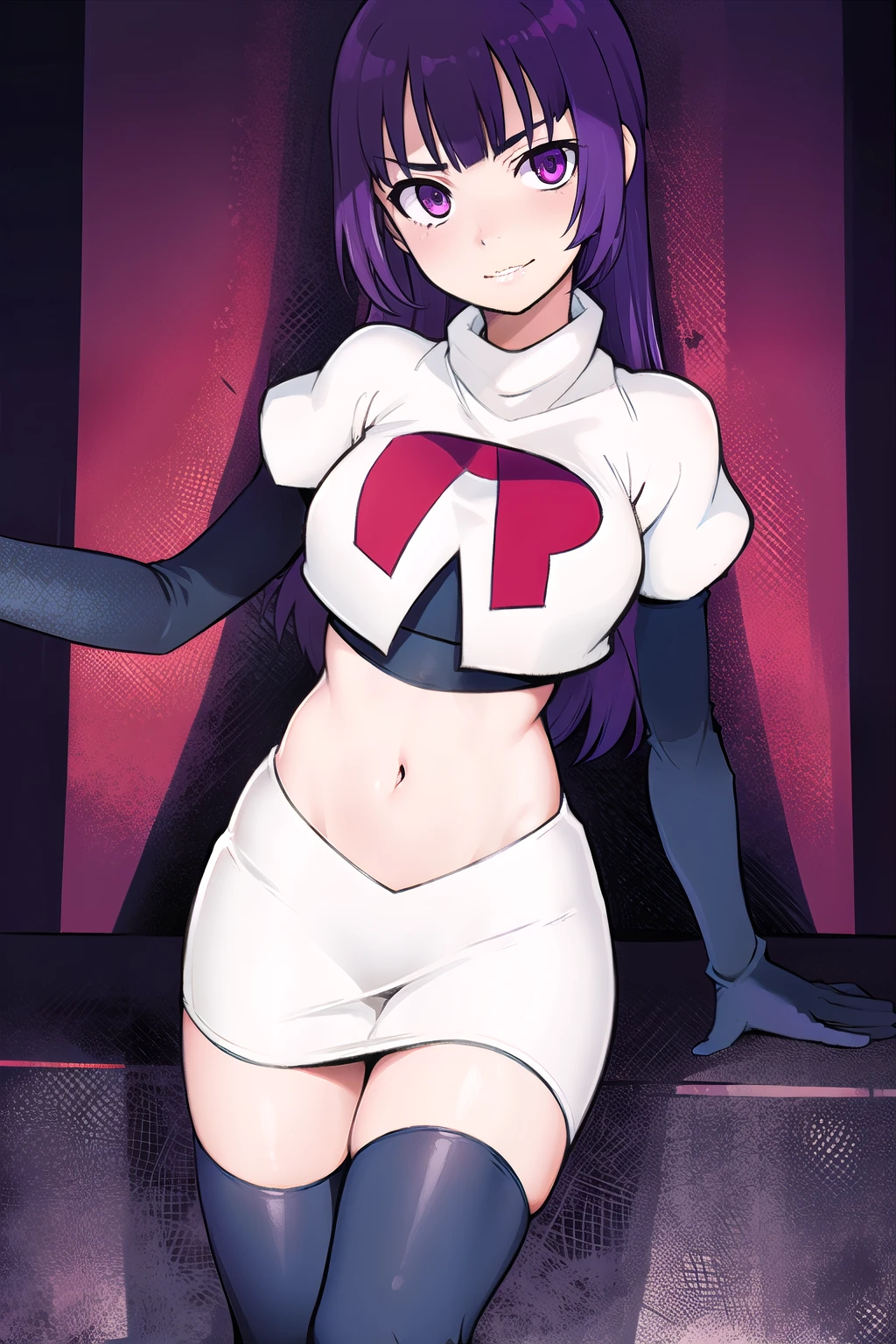 1girl, solo, beautiful face, finely detailed face, beautiful eyes, purple hair, team rocket,team rocket uniform, red letter R, white skirt,white crop top,black thigh-highs,black elbow gloves