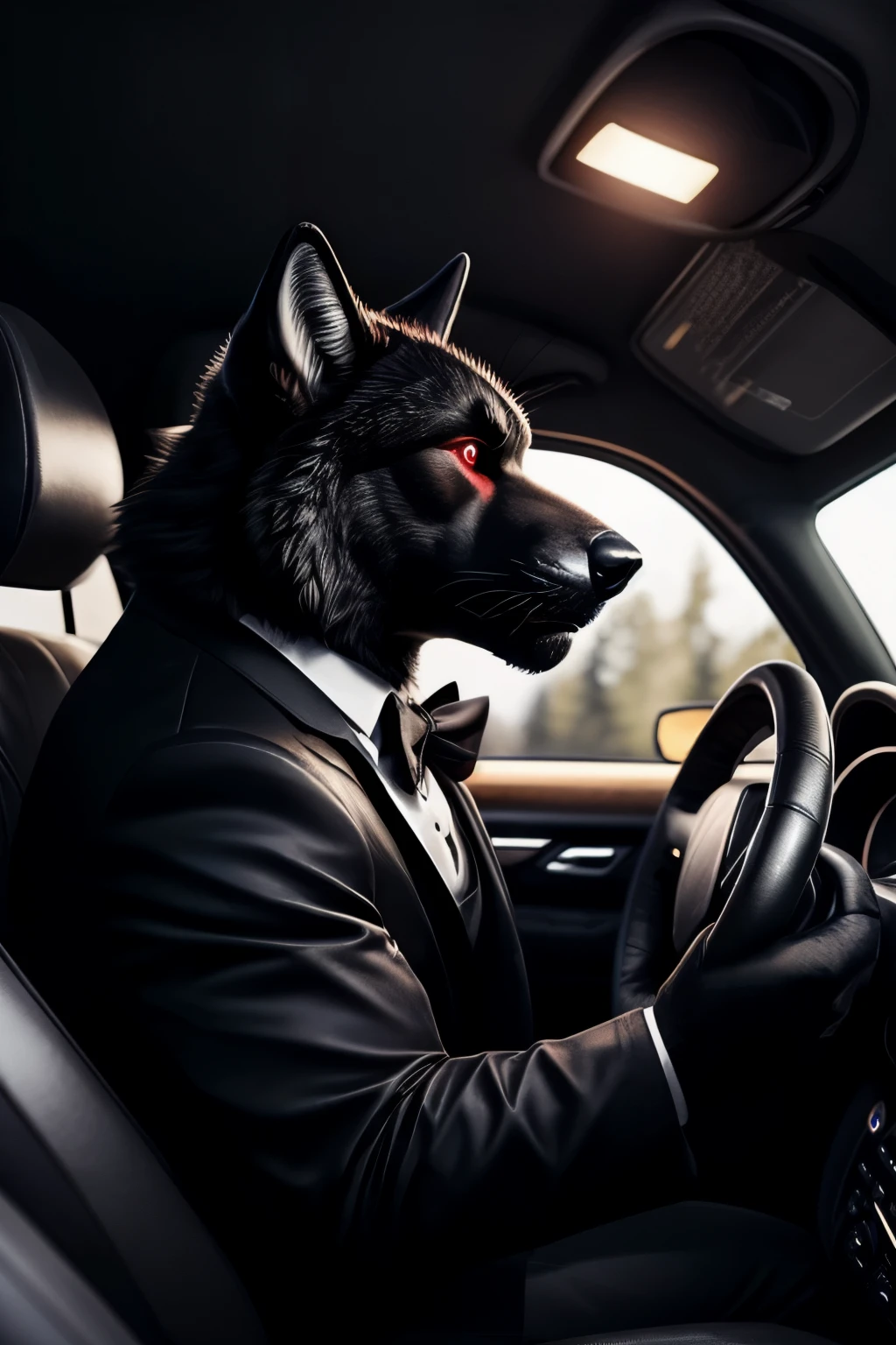 Create a realistic image of a black wolf with red eyes, dressed in a sleek black tuxedo, inside a luxurious car.

(((By LupusArtis, by NocturnalShadows, by Felinenigma, best quality, masterpiece, perfect anatomy, detailed picture)))

1male, Lupinus, (Moonlit Driver), black fur, red scleras, tuxedo, black cloth, golden interior, car cabin, depth of field, motion blur, sharp focus, dramatic lighting, expressive eyes, masculine, serious, profile picture.
