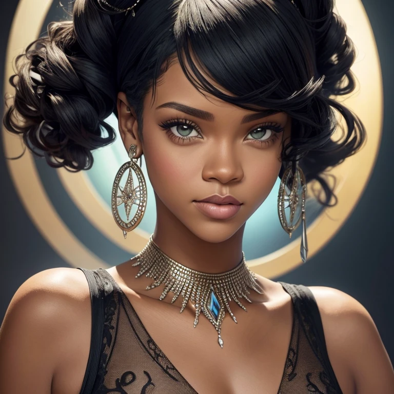 rihanna, calvo, sonrisa maligna, ojos amarillos, retrato de la parte superior del cuerpo, escote, mirando al espectador(Mejor calidad, obra maestra, cara perfecta, hermoso y estetico:1.2, vistoso, dynamic angle, more detailed face)  (alto contraste, arte oficial, extremadamente detallado, more detailed)