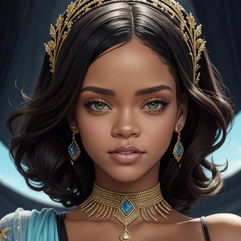 rihanna, calvo, sonrisa maligna, ojos amarillos, retrato de la parte superior del cuerpo, escote, mirando al espectador(Mejor calidad, obra maestra, cara perfecta, hermoso y estetico:1.2, vistoso, dynamic angle, more detailed face)  (alto contraste, arte oficial, extremadamente detallado, more detailed)