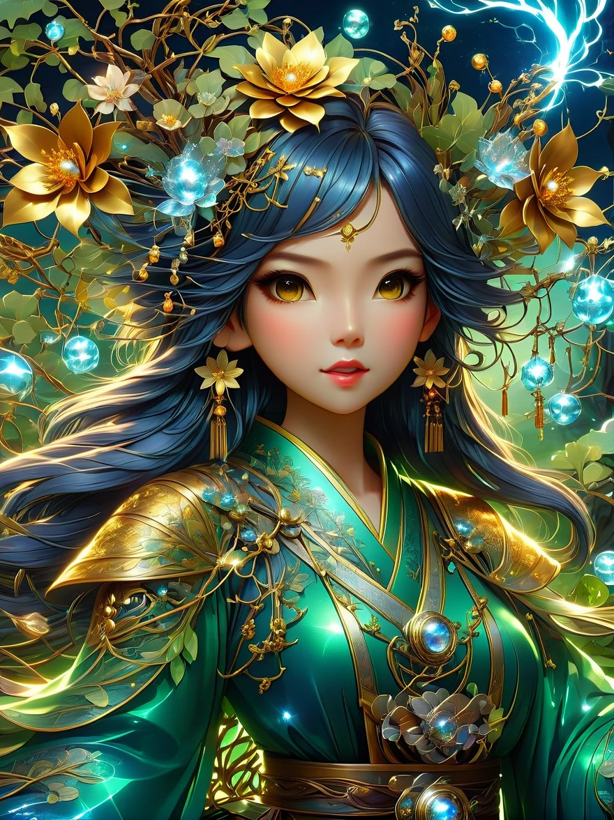 1 girl is a charming flower witch made of vines, 植物witch王, Vine Queen, Witch of Thorns, A charming girl woven from vines, charming矢车菊, The mysterious Tumi, Bloody hell flowers blooming at the gates of hell, Lead the soul to the other side, the charm of, charming, outstanding, witch, legendary magical girl, Magical Girl Glory, Metal flowers, A girl woven from metal vines, 少女拥有Metal flowers, mechanical metal style, metal art, Metal flowers, metal leaf, Full of metallic luster, Metal texture in the post-industrial era, metal wire crafts, golden flowers, Metal flowers, Silver flowers, metal tree branch, Crystal Pendant, Jade inlay, Carefully crafted, Perfect workmanship, Magic lightning background, blue lightning, masterpiece, art station, Surrealism, (highest quality, 8K, high resolution, masterpiece: 1.2), Extremely detailed, sportswear, landscape, fear, japanese manga, science fiction, photography, concept artist, high dynamic range, ultra high definition, studio lighting