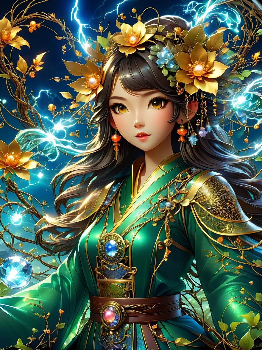 1 girl is a charming flower witch made of vines, 植物witch王, Vine Queen, Witch of Thorns, A charming girl woven from vines, charming矢车菊, The mysterious Tumi, Bloody hell flowers blooming at the gates of hell, Lead the soul to the other side, the charm of, charming, outstanding, witch, legendary magical girl, Magical Girl Glory, Metal flowers, A girl woven from metal vines, 少女拥有Metal flowers, mechanical metal style, metal art, Metal flowers, metal leaf, Full of metallic luster, Metal texture in the post-industrial era, metal wire crafts, golden flowers, Metal flowers, Silver flowers, metal tree branch, Crystal Pendant, Jade inlay, Carefully crafted, Perfect workmanship, Magic lightning background, blue lightning, masterpiece, art station, Surrealism, (highest quality, 8K, high resolution, masterpiece: 1.2), Extremely detailed, sportswear, landscape, fear, japanese manga, science fiction, photography, concept artist, high dynamic range, ultra high definition, studio lighting