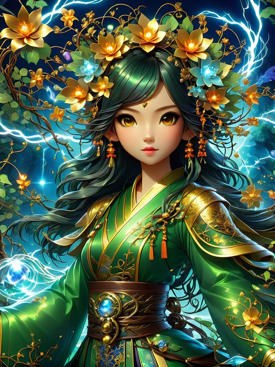 1 girl is a charming flower witch made of vines, 植物witch王, Vine Queen, Witch of Thorns, A charming girl woven from vines, charming矢车菊, The mysterious Tumi, Bloody hell flowers blooming at the gates of hell, Lead the soul to the other side, the charm of, charming, outstanding, witch, legendary magical girl, Magical Girl Glory, Metal flowers, A girl woven from metal vines, 少女拥有Metal flowers, mechanical metal style, metal art, Metal flowers, metal leaf, Full of metallic luster, Metal texture in the post-industrial era, metal wire crafts, golden flowers, Metal flowers, Silver flowers, metal tree branch, Crystal Pendant, Jade inlay, Carefully crafted, Perfect workmanship, Magic lightning background, blue lightning, masterpiece, art station, Surrealism, (highest quality, 8K, high resolution, masterpiece: 1.2), Extremely detailed, sportswear, landscape, fear, japanese manga, science fiction, photography, concept artist, high dynamic range, ultra high definition, studio lighting