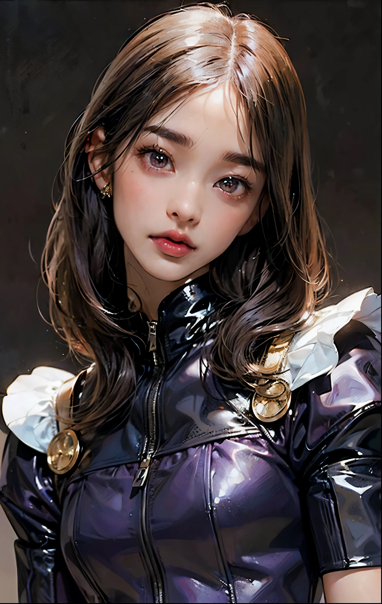 PM, (Purple Latex Suit:1), Golden Fringe Shorthair, Light brown eyes, (Japanese girl),1girl in, 27yr old, Innocence, (Photorealsitic),(top-quality:1.4), (超A high resolution:1.2), 超A high resolution, (A detailed eye), (detailed facial features), nfsw, 8k resolution, (lensflare:0.7),(bushy eyebrows),straight eyebrows,low eyebrows,(thick lips:1.3),(glossy lips:1.3),(lipstick:1.2),black hair,(brown eyes), wide forhead,(flat chest),