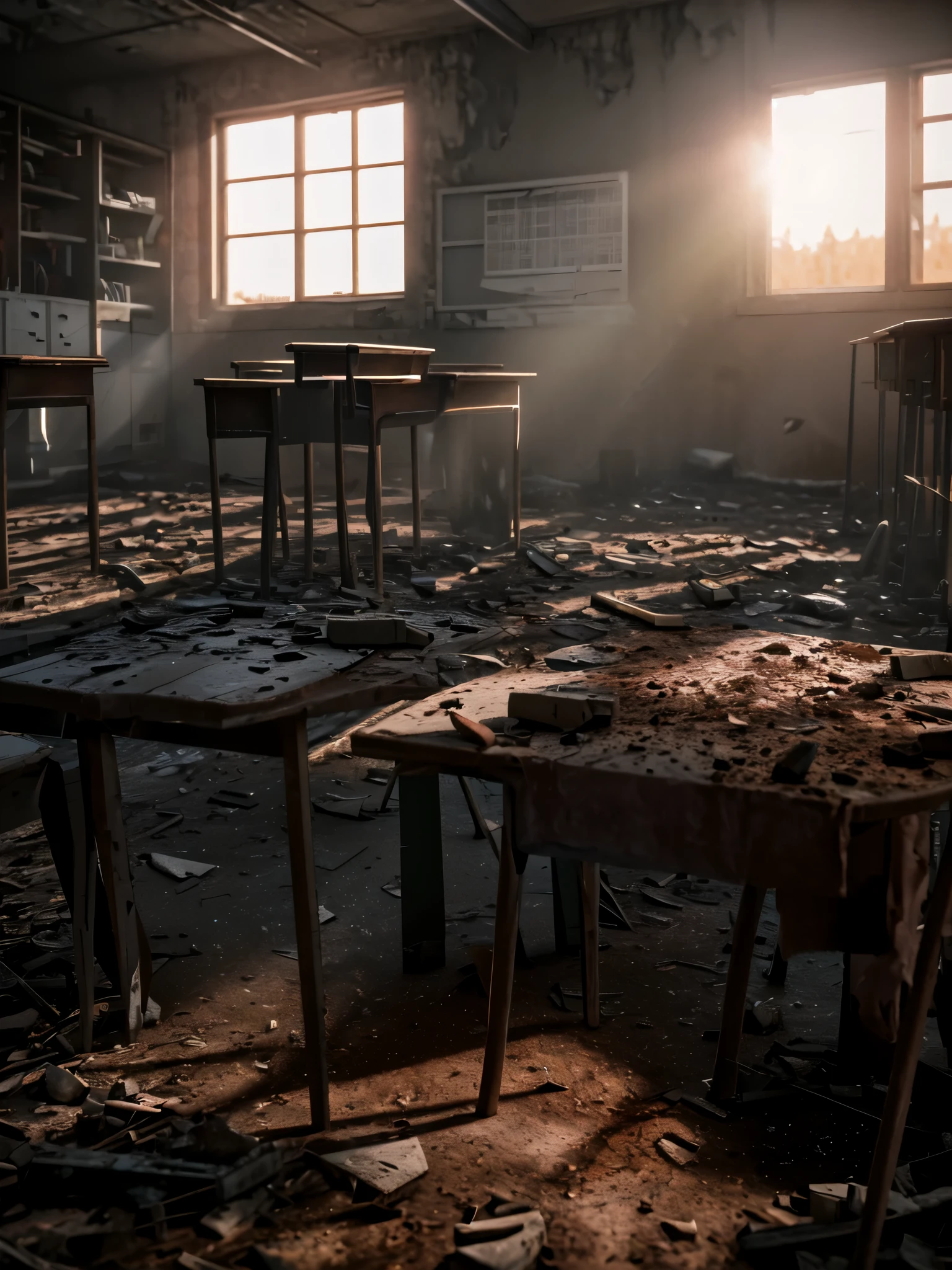 3d render of classroom, abandoned, dramatic color grade, moss, abandoned, broken, old, accurate color grading, rvb, Sony A7 III, Sigma Art 85 mm f/1,4 DG HSM, perfect, subsurface scattering, unreal engine, dusty sun light, dystopian world