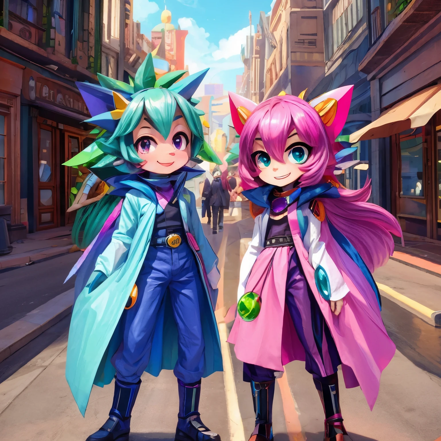 Pareja cryberpunk tomada de la mano en la calle, en un mundo futurista.