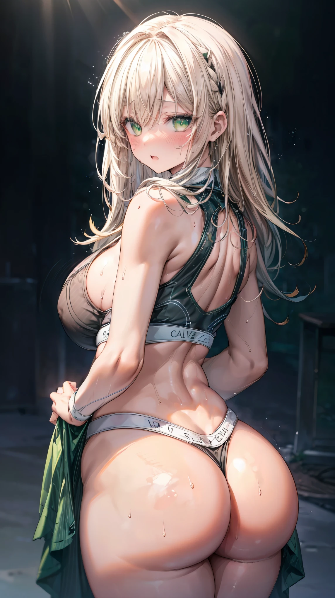 blonde wavy hair、cute anime face、thick thighs、8k、4k、highest quality、(High resolution:1.6)、noise reduction、((glowing green eyes、high detail eyes:1.5、Sweat、blush、open your mouth))、(SFW huge body:1.3)、(white calvin klein thong、high leg cut)、(sexy back view、arched back、T-back that digs into your butt:1.5、emphasize the buttocks)、beautiful hands、beautiful fingers、Point first、nail、hide your arms、hide your hands、open your hands