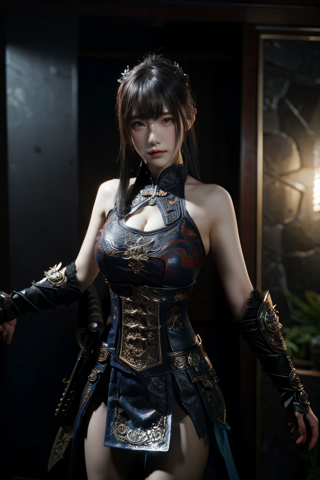 Masterpiece,Game art,The best picture quality,Highest resolution,8K,(Portrait:1.5),Unreal Engine 5 rendering works,(Digital Photography),
Girl,Beautiful pupil,(Gradual short hair is blue and red),Busty,(Big breasts),
(A female general in the ancient fantasy style),(Future combat dress combined with Chinese fantasy style clothing,Chinese style Han costume),Ribbon,Ancient magic patterns glow,Armor rich in detail,(Ancient fantasy),
Movie lights，Ray tracing，Game CG，((3D Unreal Engine))，OC rendering reflection pattern