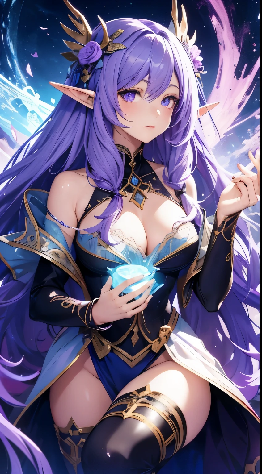 "Generate an anime-style depiction of Violet Wispshade, an elf enchantress with long, lavender hair that flows like magic itself and piercing, amethyst eyes. She's casting a spell, her hands aglow with ethereal energy, as runes orbit around her. The background is her secluded sanctum, filled with ancient tomes and magical artifacts. Capture her enigmatic beauty and the powerful grace of her magic, a dance of light and shadow. The setting is a medieval fantasy settings. It is set in a fantasy roleplaying world."