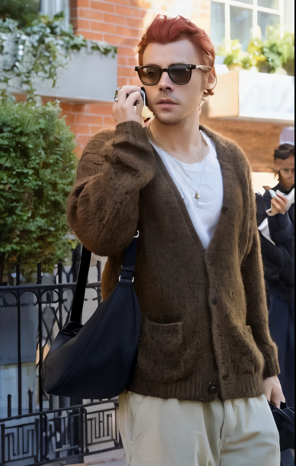 araffe man in a brown cardigan talking on a cell phone, he is wearing a brown sweater, wearing a cardigan, harry styles, brown sweater, with dark brown sunglasses, cardigan, he has short curly red hair, on the street, on the street, nyc, light brown coat, wearing a sweater, brown clothes, brown jacket, harry styles, curly hair, red hair, curls, curly