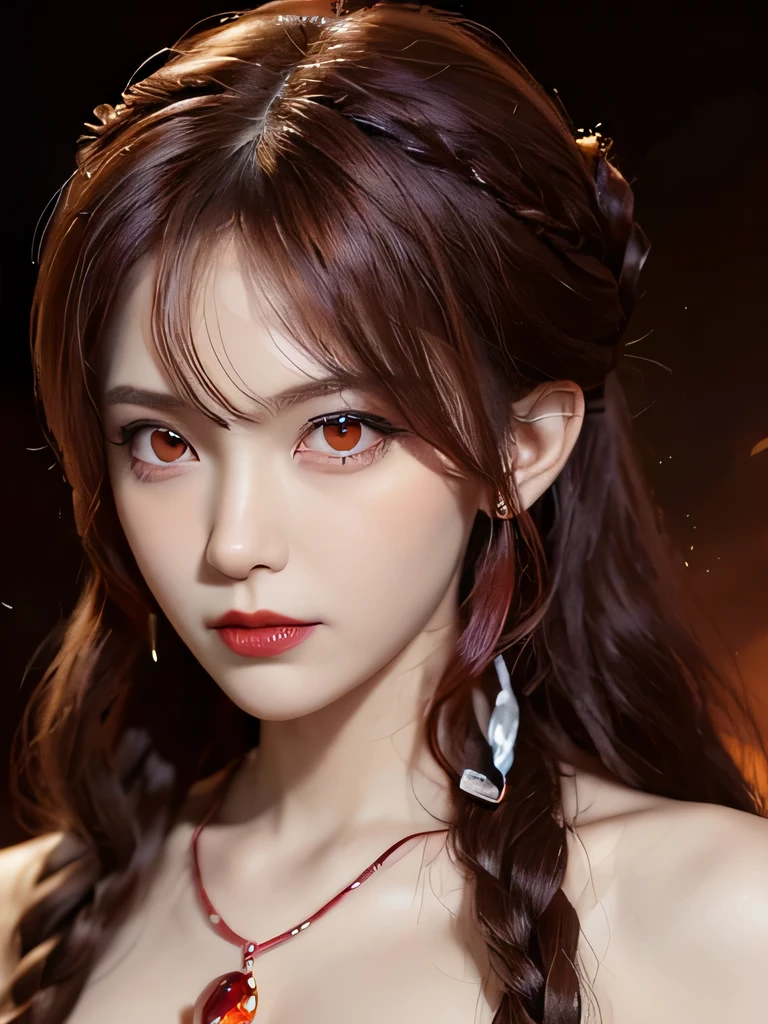 (in the dark:1.6), Surrealist female portraits by David Hockney and Alphonse Mucha,fantasy art, 4k, Award history,, 1 girl, in the dark, deep shadow, secret key,cowboy shot,(formal wear:1.4) ,long wavy hair,redhead,clavicle、flame background、redhead、red background、red spirit clothes、earrings、necklace、red tattoo、red eyes、she is a spirit、close up of face、red eyes、bright red eyes、Red Contacts、close up of face、red eyes、look up、red fairy costume、bright red eyes、red headband、red eyes、Braid、bright red lipstick、Fire Devil、ponytail、