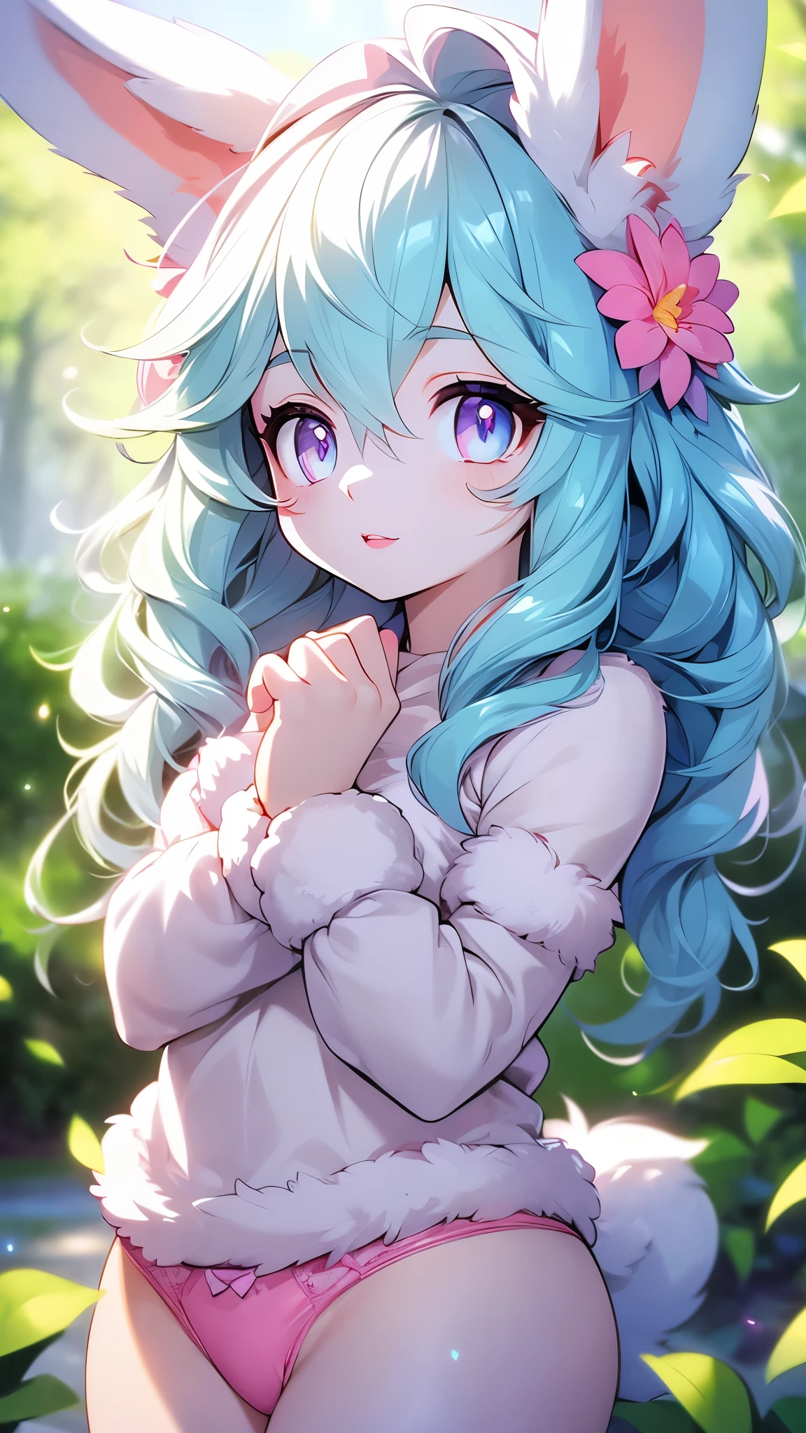 (linda,girl,bunny,pink underwear,beautiful detailed eyes,beautiful detailed lips,extremely detailed eyes and face,long eyelashes),illustration,digital art,ultra-detailed,(best quality,4k,8k,highres,masterpiece:1.2),vivid colors,cute,playful,rabbit,cartoon style,soft lighting,pastel colors,fluffy tail,feminine,little spring flowers,cheerful expression,white fur,shiny texture
