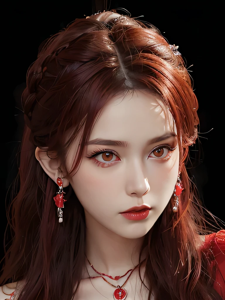 (in the dark:1.6), Surrealist female portraits by David Hockney and Alphonse Mucha,fantasy art, 4k, Award history,, 1 girl, in the dark, deep shadow, secret key,cowboy shot,(formal wear:1.4) ,long wavy hair,redhead,clavicle、flame background、redhead、red background、red spirit clothes、earrings、necklace、red tattoo、red eyes、she is a spirit、close up of face、red eyes、bright red eyes、Red Contacts、close up of face、red eyes、look up、red fairy costume、bright red eyes、red headband、red eyes、Braid、bright red lipstick、Fire Devil、ponytail、