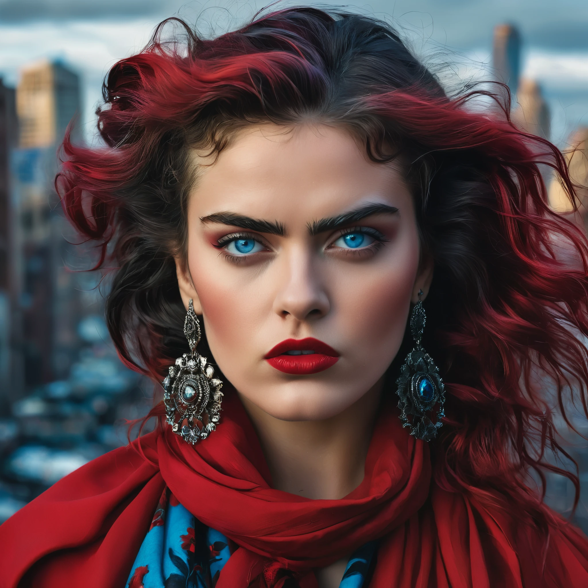 Picture an icon of rebellion with tousled waves of hair framing her defiant gaze, her piercing blue eyes challenging the status quo. Her lips, painted in a rebellious shade of red, convey her fearless spirit as she stands against the backdrop of a monochrome cityscape, a symbol of defiance and empowerment reminiscent of Frida Kahlo.