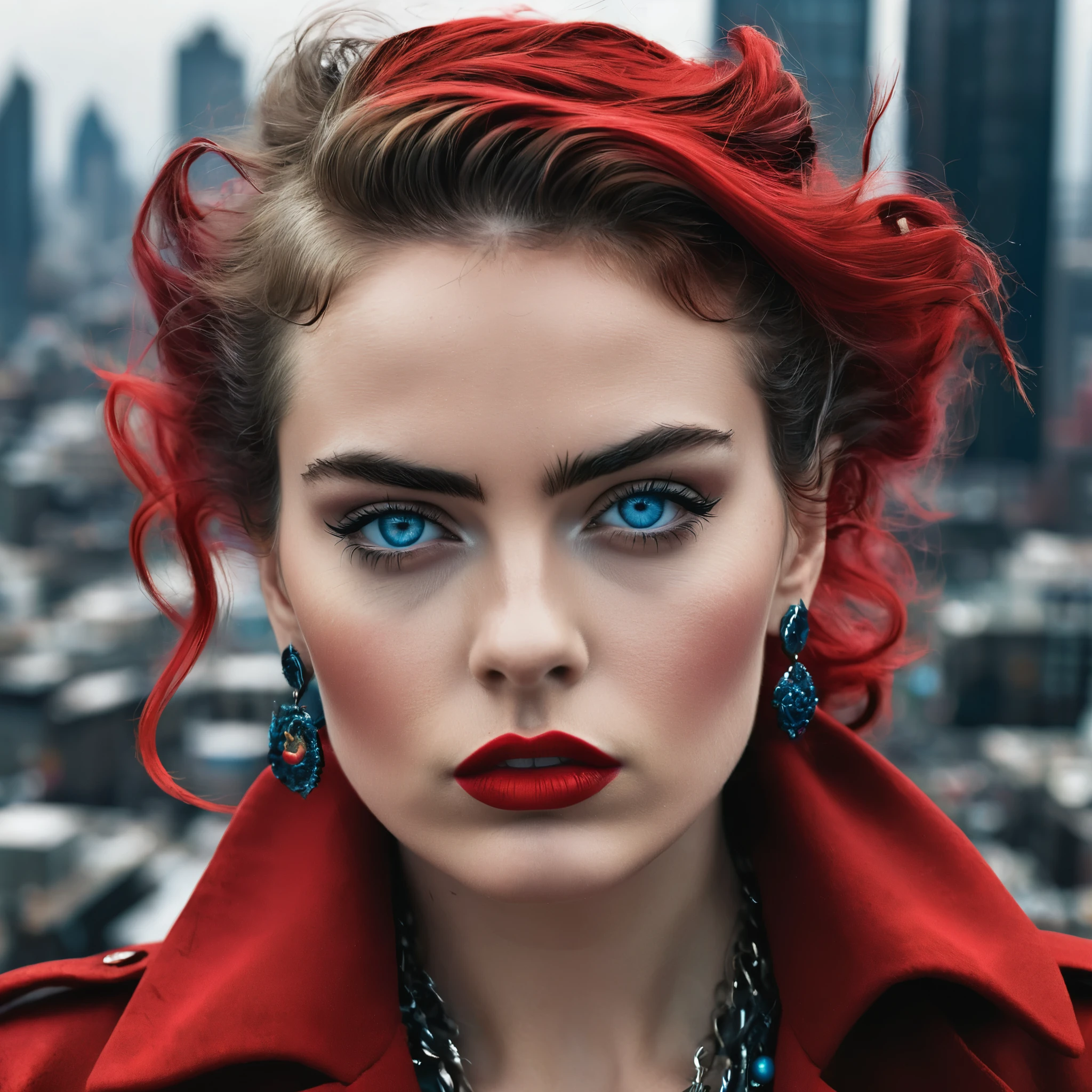 Picture an icon of rebellion with tousled waves of hair framing her defiant gaze, her piercing blue eyes challenging the status quo. Her lips, painted in a rebellious shade of red, convey her fearless spirit as she stands against the backdrop of a monochrome cityscape, a symbol of defiance and empowerment reminiscent of Frida Kahlo.