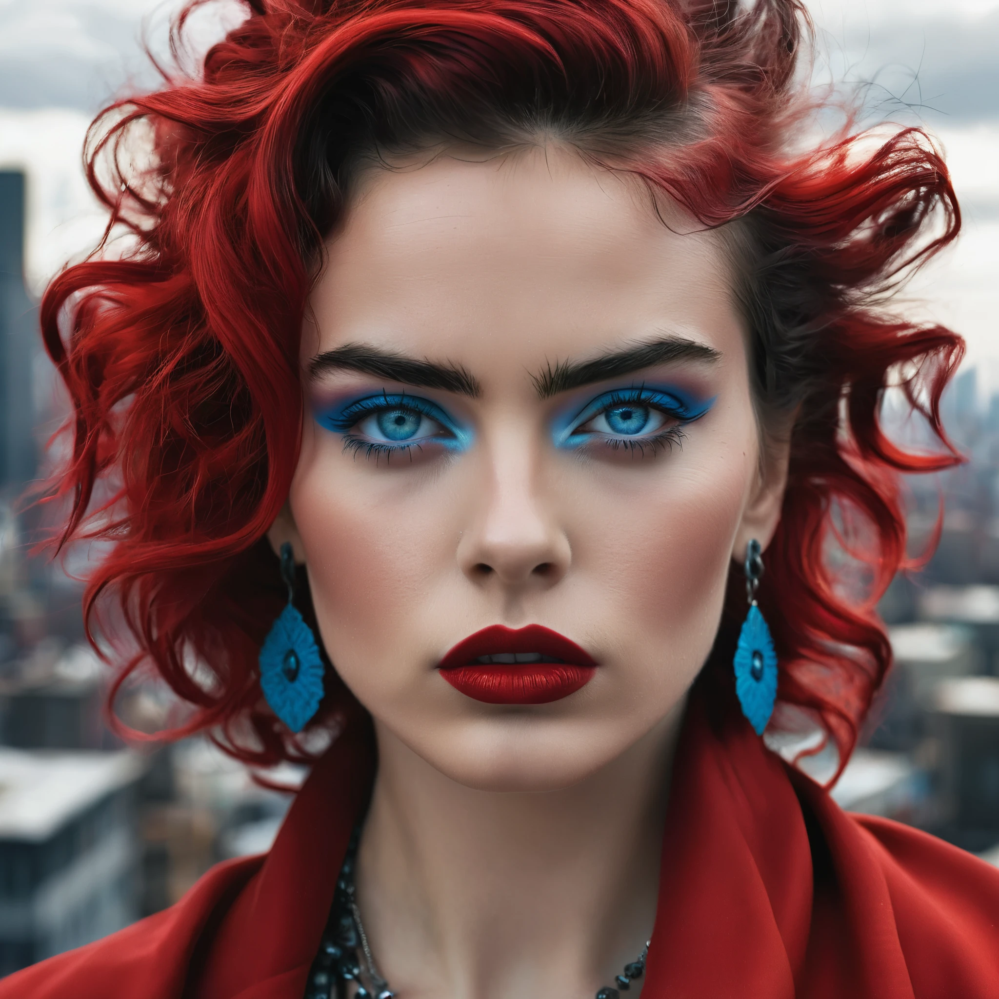 Picture an icon of rebellion with tousled waves of hair framing her defiant gaze, her piercing blue eyes challenging the status quo. Her lips, painted in a rebellious shade of red, convey her fearless spirit as she stands against the backdrop of a monochrome cityscape, a symbol of defiance and empowerment reminiscent of Frida Kahlo.