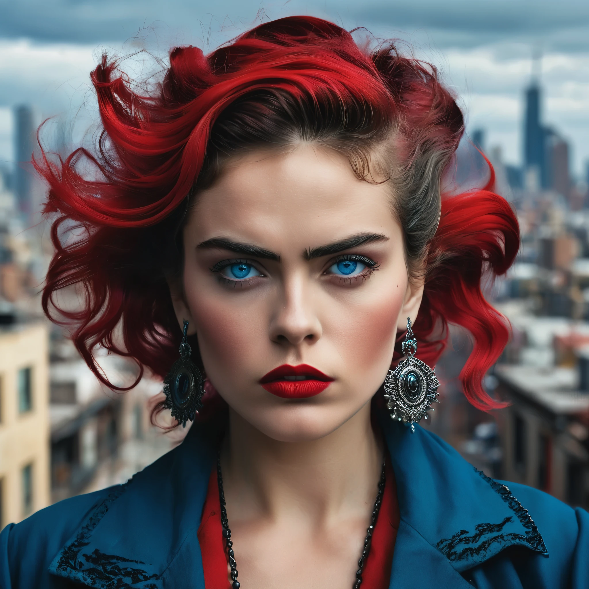 Picture an icon of rebellion with tousled waves of hair framing her defiant gaze, her piercing blue eyes challenging the status quo. Her lips, painted in a rebellious shade of red, convey her fearless spirit as she stands against the backdrop of a monochrome cityscape, a symbol of defiance and empowerment reminiscent of Frida Kahlo.