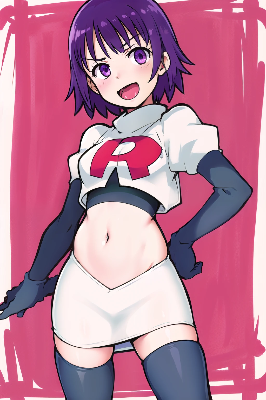 1girl, solo, beautiful face, finely detailed face, beautiful eyes, purple hair, team rocket,team rocket uniform, red letter R, white skirt,white crop top,black thigh-highs,black elbow gloves