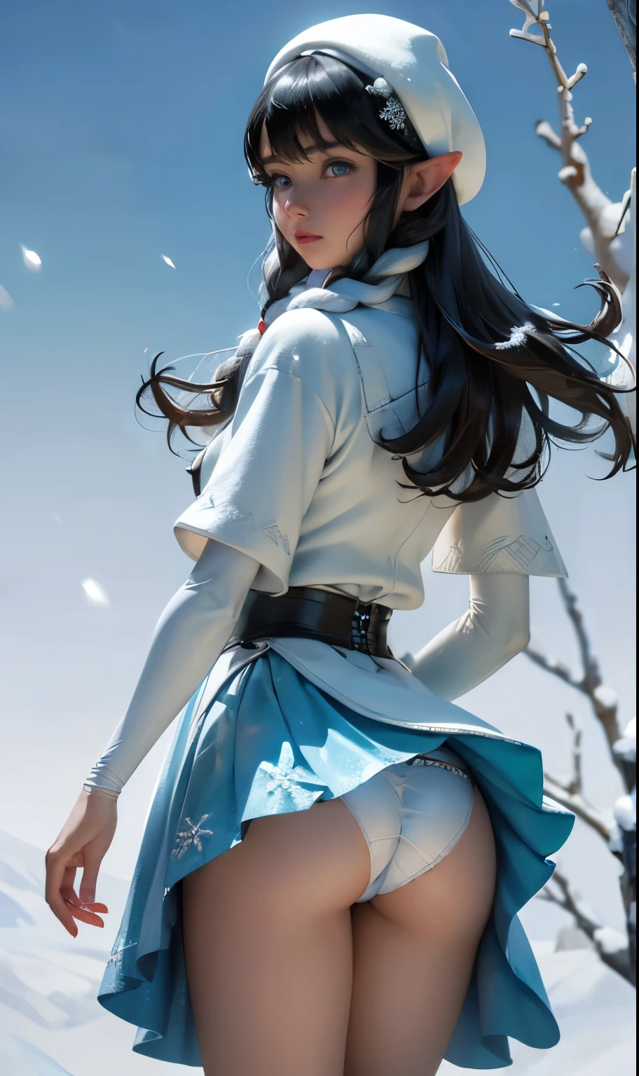 (Rear view, Rear view),(best quality,High resolution,Super detailed,actual),target,A world covered in silver, snow-covered branches, toque Chill de invierno, snowflakes dance like elves, Turn the world into a silver fairy tale, Chill, Quiet and beautiful snow scene., cozy and quiet, (sea art 2.1), (Frozen white tree background falling snow:1.4) , (beautiful blue eyes big ishiguro:1.4) , (cowboy pose ), (realistic) ,8K high quality detailed art, Fan Art Mejor ArtStation, fantasy art style, (transparent short black ta mini skirt:1.4) , (mostrando panties White:1.4) ,(panties), stockings bra, leggings white,