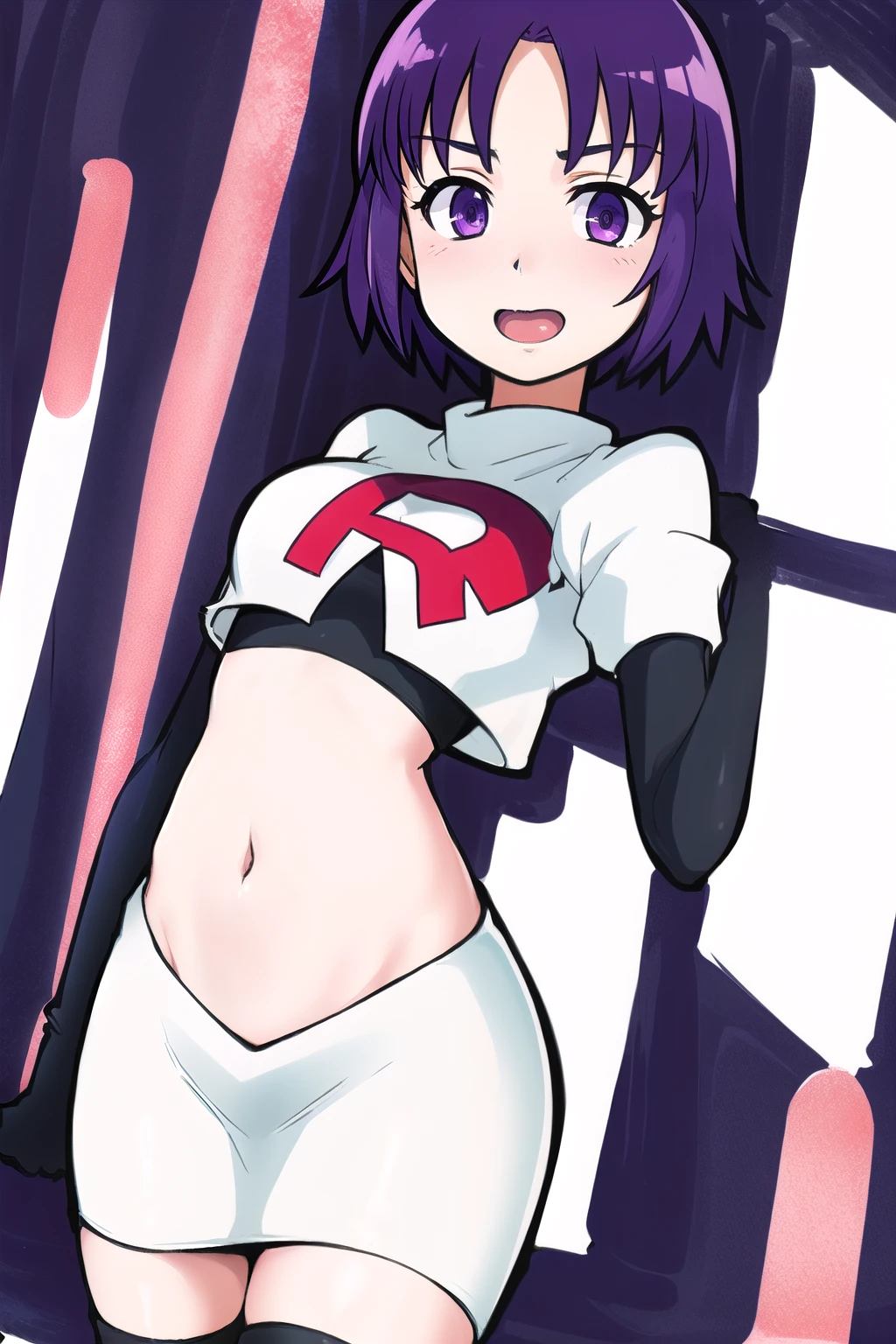 1girl, solo, beautiful face, finely detailed face, beautiful eyes, purple hair, team rocket,team rocket uniform, red letter R, white skirt,white crop top,black thigh-highs,black elbow gloves