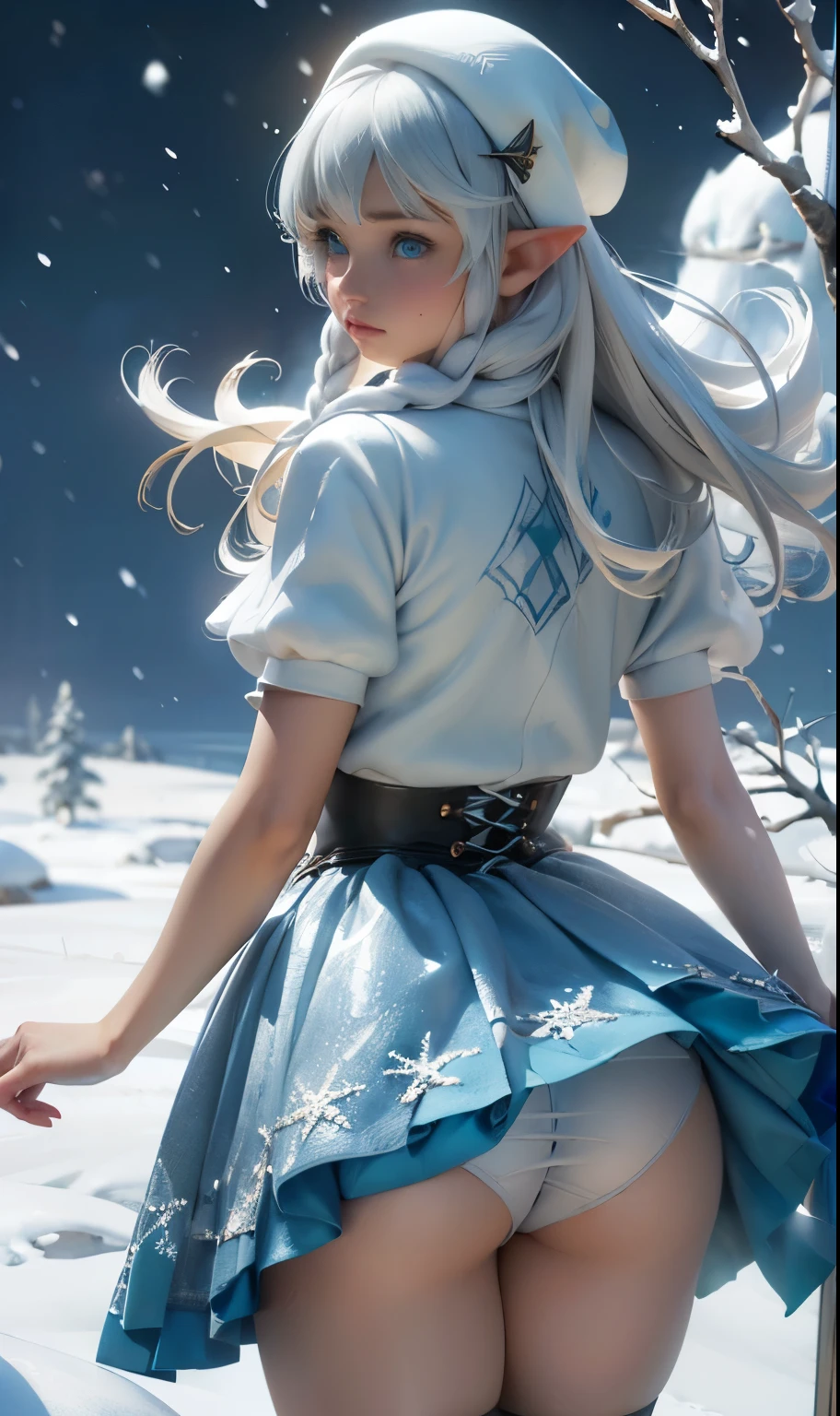 (Rear view, Rear view),(best quality,High resolution,Super detailed,actual),target,A world covered in silver, snow-covered branches, toque Chill de invierno, snowflakes dance like elves, Turn the world into a silver fairy tale, Chill, Quiet and beautiful snow scene., cozy and quiet, (sea art 2.1), (Frozen white tree background falling snow:1.4) , (beautiful blue eyes big ishiguro:1.4) , (cowboy pose ), (realistic) ,8K high quality detailed art, Fan Art Mejor ArtStation, fantasy art style, (transparent short black ta mini skirt:1.4) , (mostrando panties White:1.4) ,(panties), stockings bra, leggings white,