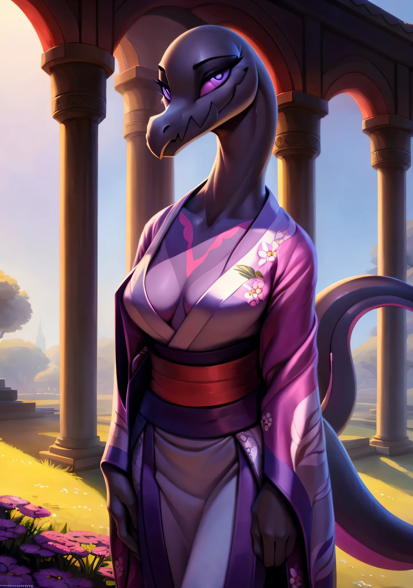 uploaded on e621, ((Salazzle)) by Pixelsketcher, by Bayard Wu, by Thomas Benjamin Kennington , by Einshelm, solo anthro, (( portrait)), BREAK, ((kimono:1.2)), , ((wearing long flowing kimon, kimono with flower pattern)), (detailed Bonifasko lighting), (detailed scales), (detailed skin), (female Salazzle), BREAK, ((long flowing tail)), ((facing viewer)), (cinematic lighting), ((detailed background)), ((full body portrait view)), (((full body view))), (half body shadow), [backlighting], [crepuscular ray], [detailed ambient light], [gray natural lighting], [ambient light on the belly], (higher wildlife feral detail), [explict content], [sharp focus], (questionable content), (shaded), ((masterpiece)), furry Salazzle, reptilian face, furry Fantasy Art, furry Art, Commission for High Res, anthro Art, POV furry Art,Sakimichan beautiful, masterpiece, medium breasts, best quality, detailed image, bright colors, detailed face, perfect lighting, perfect shadows, perfect eyes, girl focus, purple eyes, flawless face, face focus, ((long flowing tail in her hand)), reptilian girl, scales, scales woman, dragon nose, large long muzzle, colorful scales, gaze at the viewer, half-closed eyes, 1girl, solo, full body, (masterpiece:1.21), (best quality:1.2), (illustration:1.2), (cinematic lighting:1.3), detailed scales, balanced coloring, global illumination, ray tracing, good lighting, scales, anthro, cleavage, looking at viewer, smiling