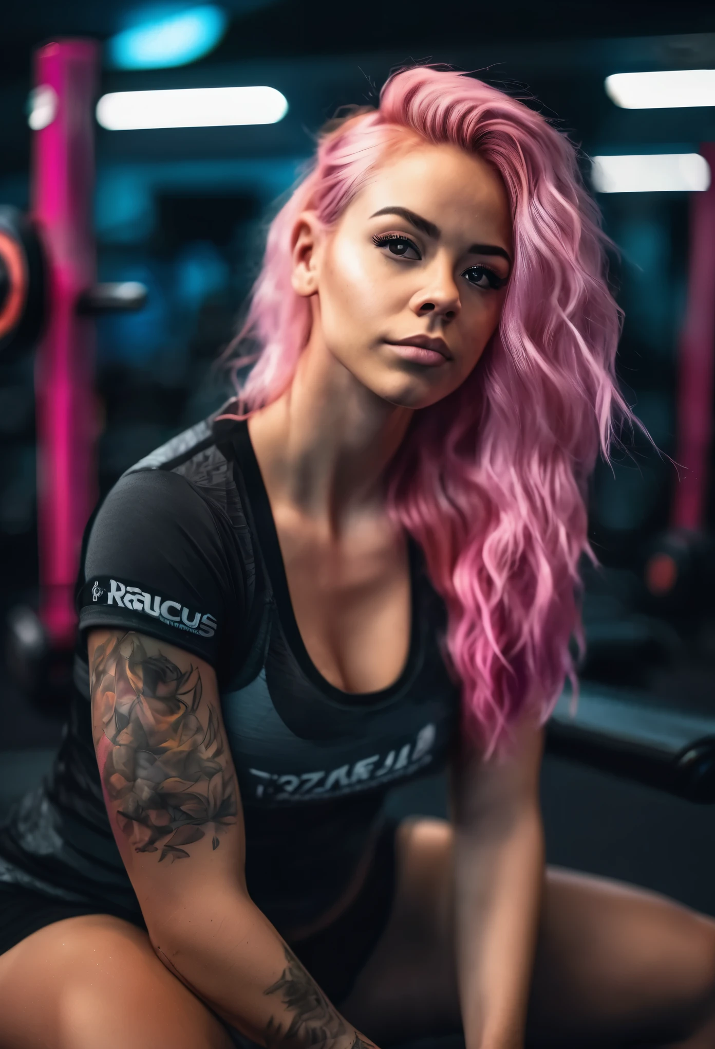 cute mix raced 25 year old girl with pink/blonde hair, photo realistic, in a gym inbetween sets on bench press, ambient lighting, vibrant color, raucus mood, full body 8k