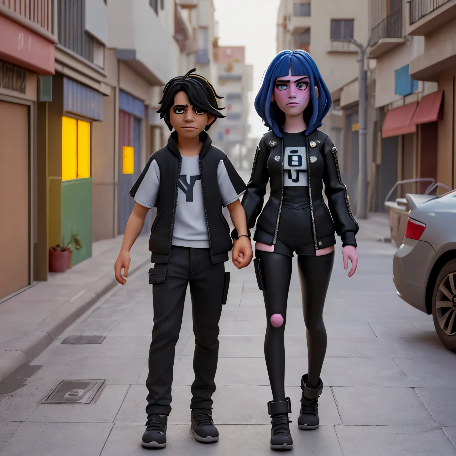 Pareja cyberpunk tomada de la mano, en plena calle, at daytime. La chica es de baja estatura, tiene el cabello negro y lleva unos anteojos dorados. El chico tiene el cabello negro, es alto, de piel blanca y lleva anteojos grises