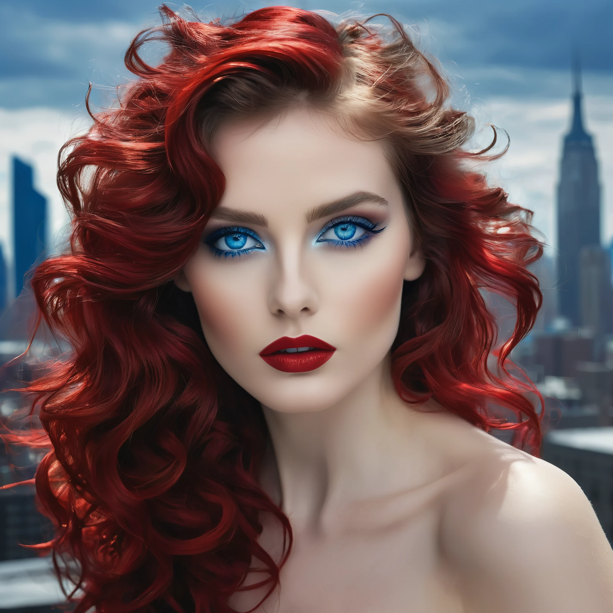 Visualize a muse of the avant-garde with tousled waves of hair framing her enigmatic blue eyes, reflecting the creative spark within her soul. Her lips, adorned in a daring shade of red, exude confidence and allure as she stands against the backdrop of a monochrome cityscape, embodying the spirit of artistic experimentation and innovation.