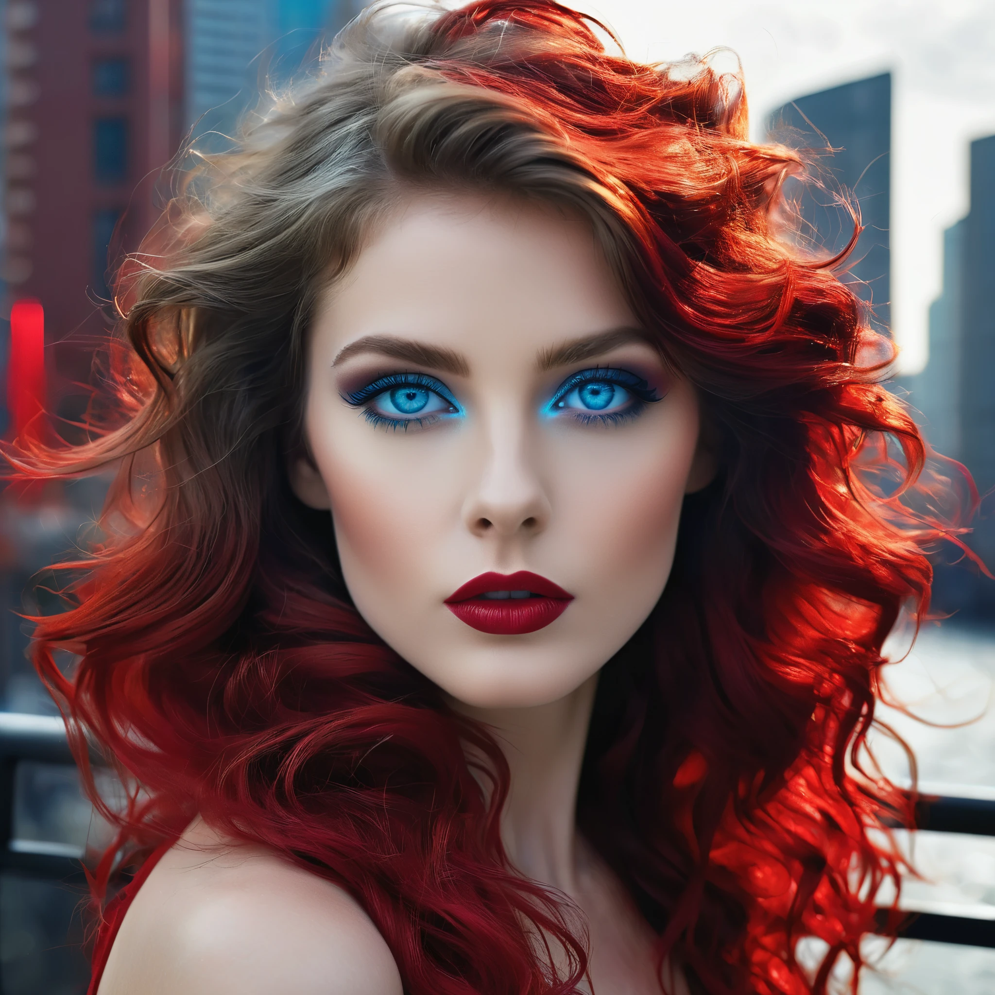 Visualize a muse of the avant-garde with tousled waves of hair framing her enigmatic blue eyes, reflecting the creative spark within her soul. Her lips, adorned in a daring shade of red, exude confidence and allure as she stands against the backdrop of a monochrome cityscape, embodying the spirit of artistic experimentation and innovation.