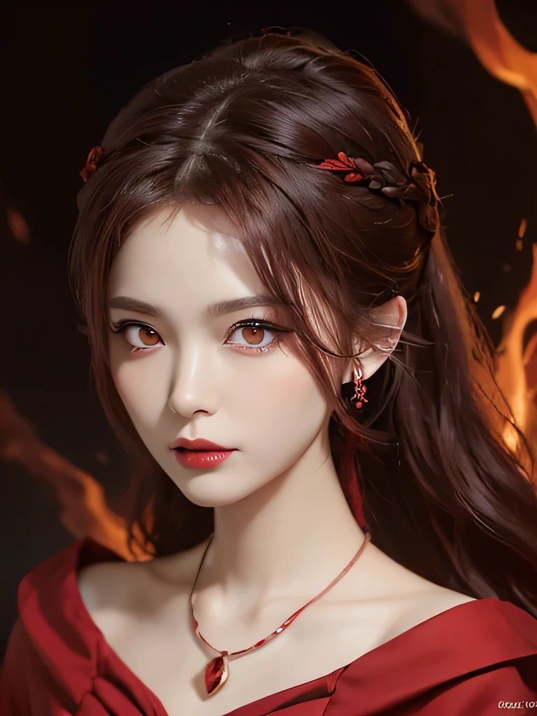 (in the dark:1.6), Surrealist female portraits by David Hockney and Alphonse Mucha,fantasy art, 4k, Award history,, 1 girl, in the dark, deep shadow, secret key,cowboy shot,(formal wear:1.4) ,long wavy hair,redhead,clavicle、flame background、redhead、red background、red spirit clothes、earrings、necklace、red tattoo、red eyes、she is a spirit、close up of face、red eyes、close up of face、red eyes、look up、red fairy costume、red headband、red eyes、Braid、bright red lipstick、Fire Devil、ponytail、red eyes、