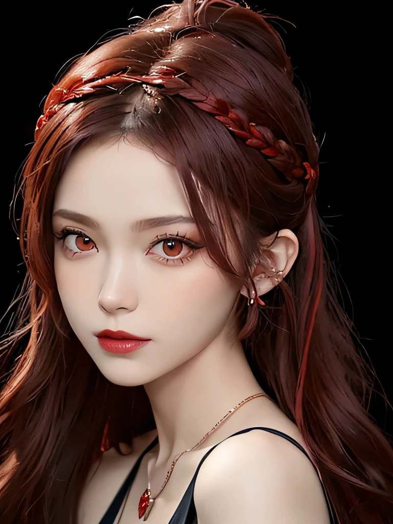 (in the dark:1.6), Surrealist female portraits by David Hockney and Alphonse Mucha,fantasy art, 4k, Award history,, 1 girl, in the dark, deep shadow, secret key,cowboy shot,(formal wear:1.4) ,long wavy hair,redhead,clavicle、flame background、redhead、red background、red spirit clothes、earrings、necklace、red tattoo、red eyes、she is a spirit、close up of face、red eyes、close up of face、red eyes、look up、red fairy costume、red headband、red eyes、Braid、bright red lipstick、Fire Devil、ponytail、red eyes、