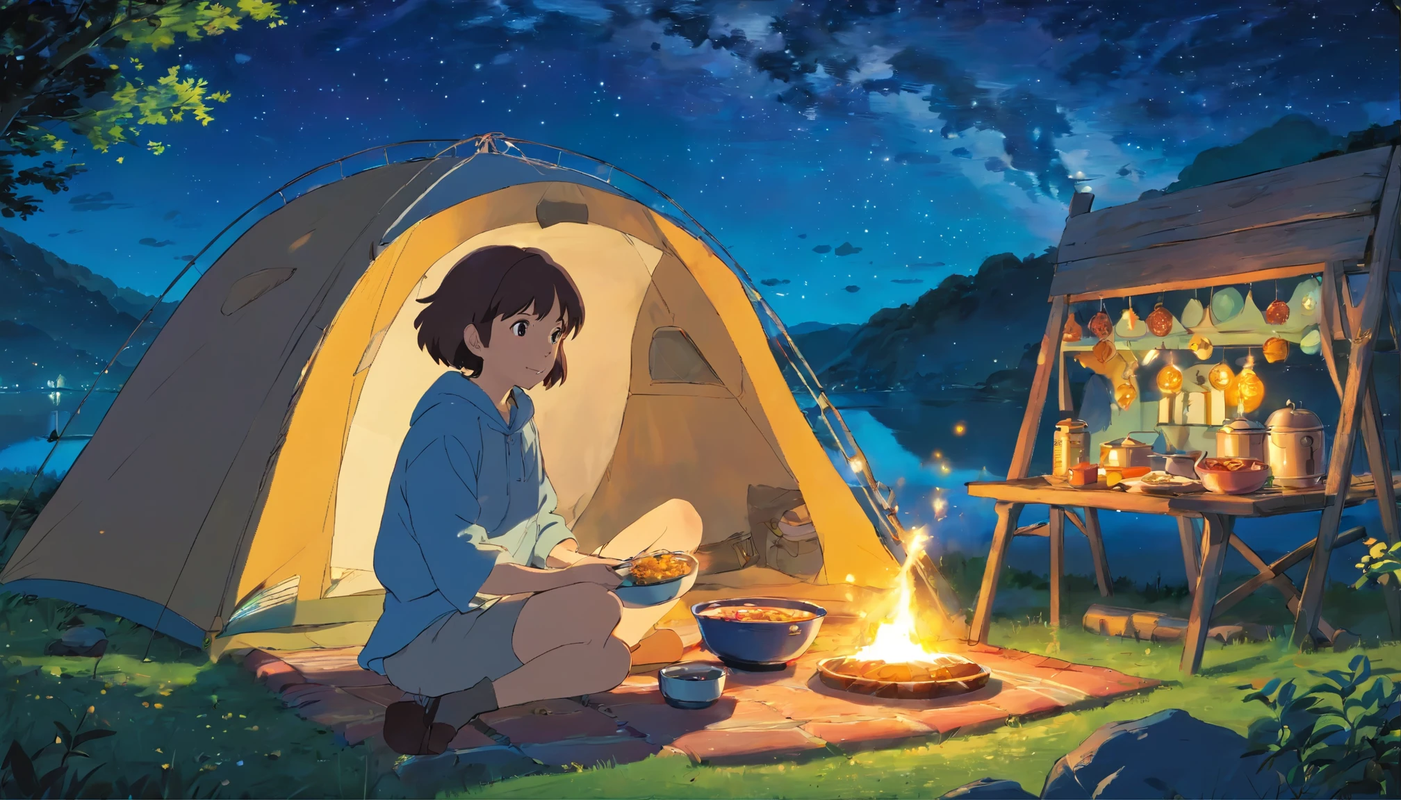 A woman enjoying solo camping、night、Eating curry、outdoor、night景、starry sky