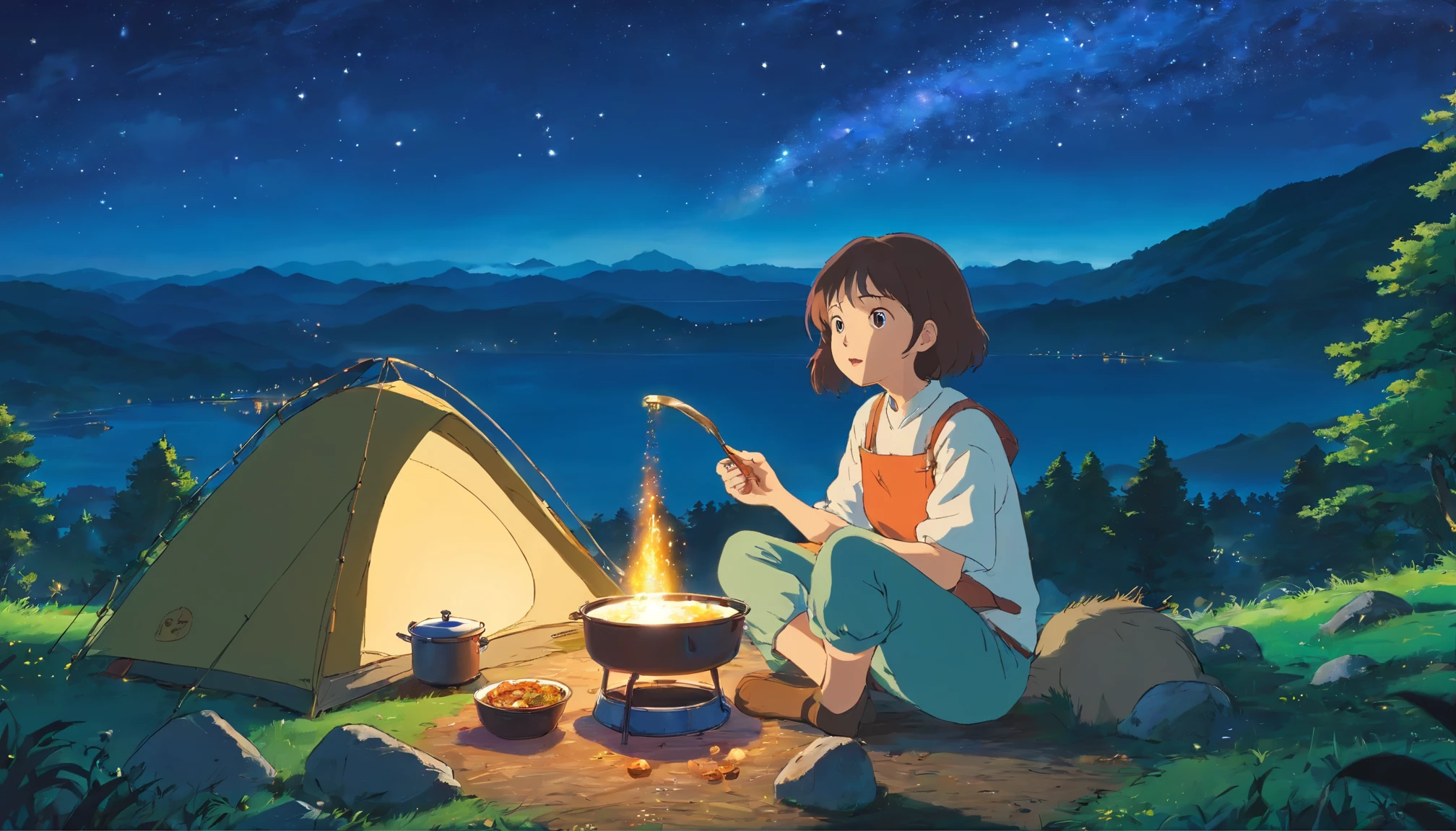 A woman enjoying solo camping、night、Eating curry、outdoor、night景、starry sky