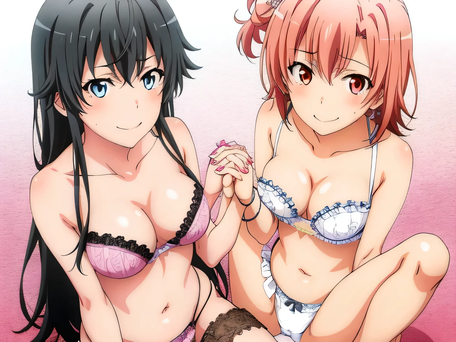 2 girls , Yukinoshita Yukino , Yuigahama Yui has beautiful breasts and a beautiful crotch,waltz dance ,sit,In underwear,hold hands,whole body,pink silk panties,white silk panties,Crotch with streaks,spread your legs,thighs,knees,calf,high angle,open your mouth,smile,beautiful eyes,Clear eye color,