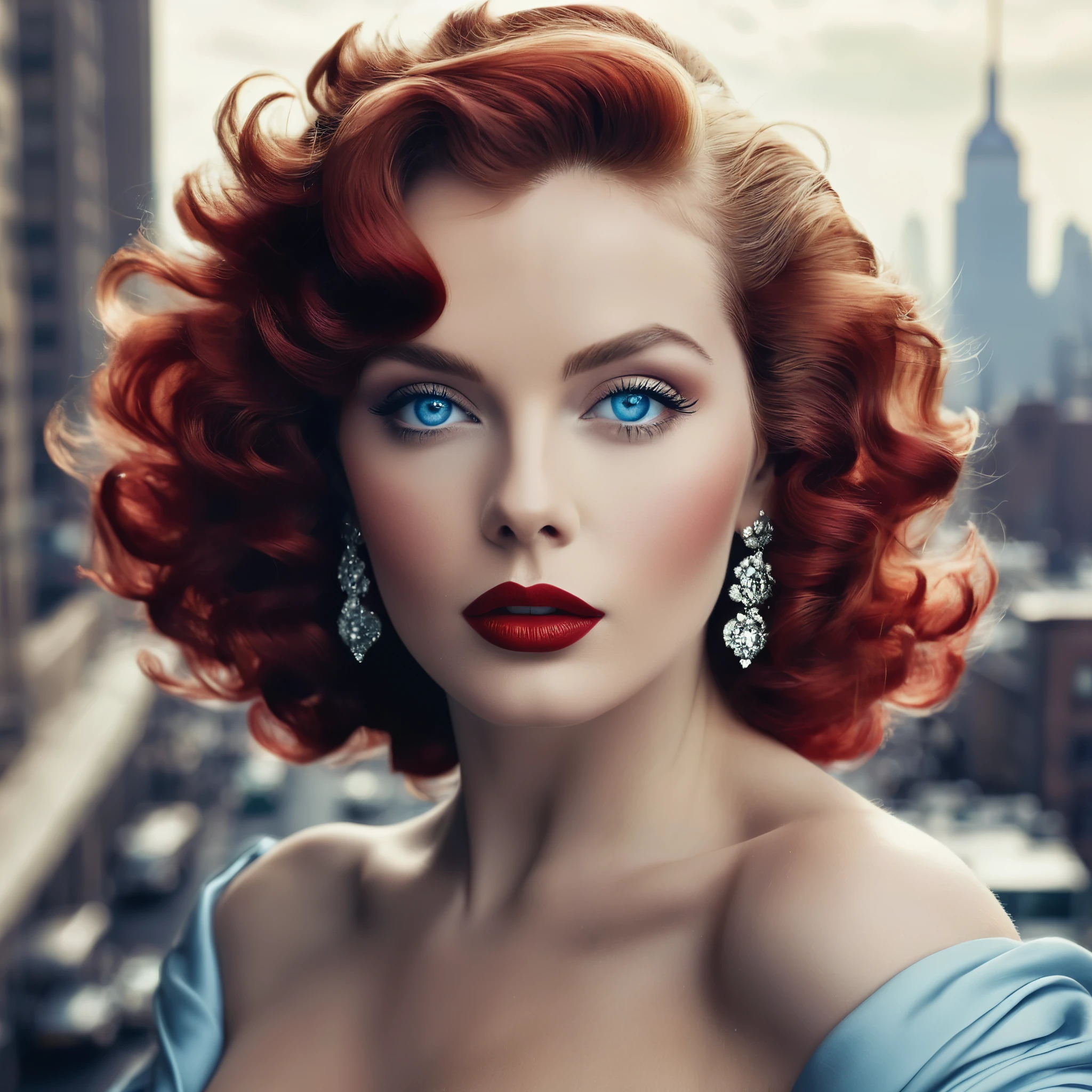 Imagine a timeless diva with tousled waves of hair and mesmerizing blue eyes that captivate all who behold her. Her lips, painted in a timeless shade of red, exude elegance and sophistication as she stands against the backdrop of a monochrome cityscape, evoking the glamour of Old Hollywood icons like Marilyn Monroe.