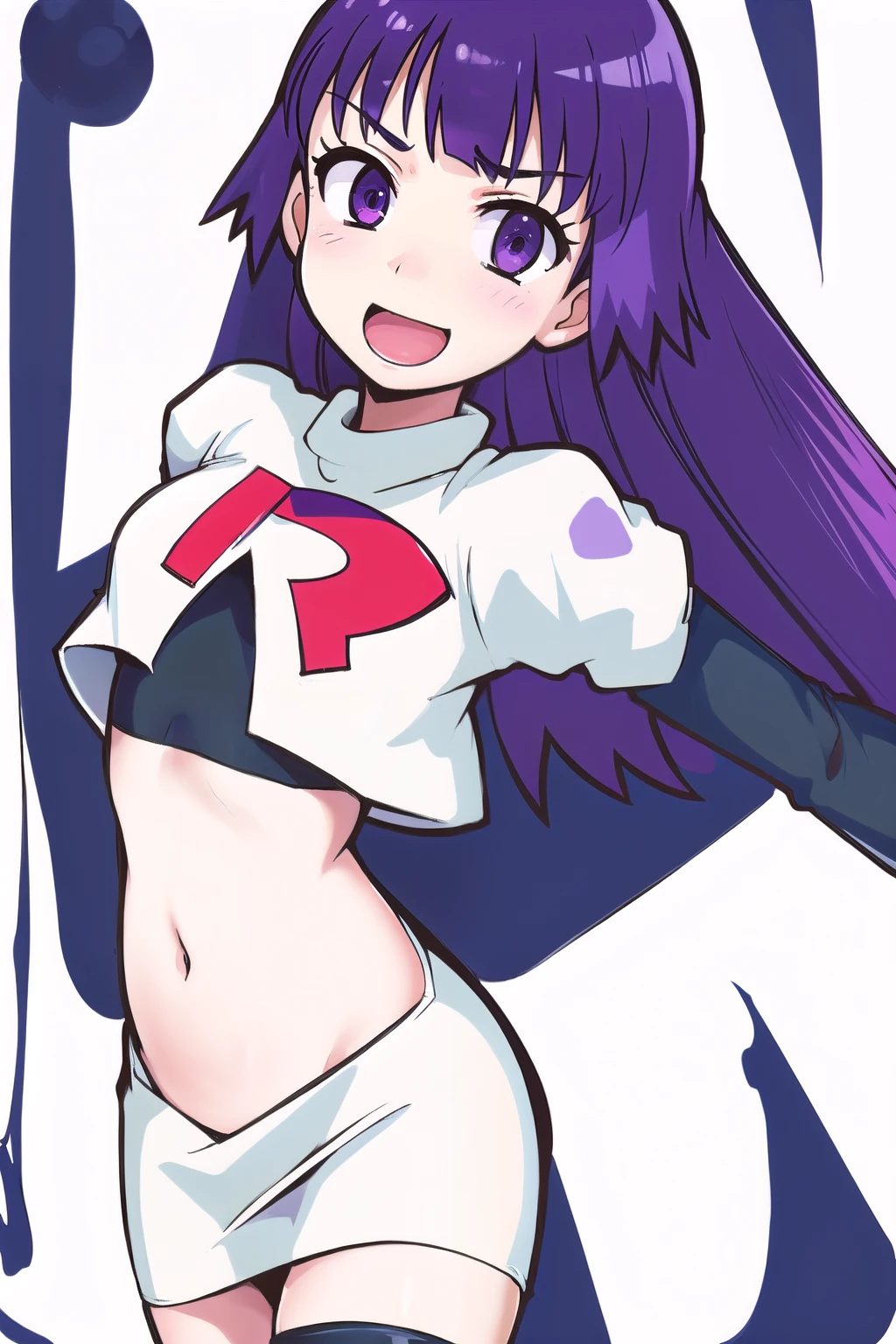 1girl, solo, beautiful face, finely detailed face, beautiful eyes, purple hair, team rocket,team rocket uniform, red letter R, white skirt,white crop top,black thigh-highs,black elbow gloves