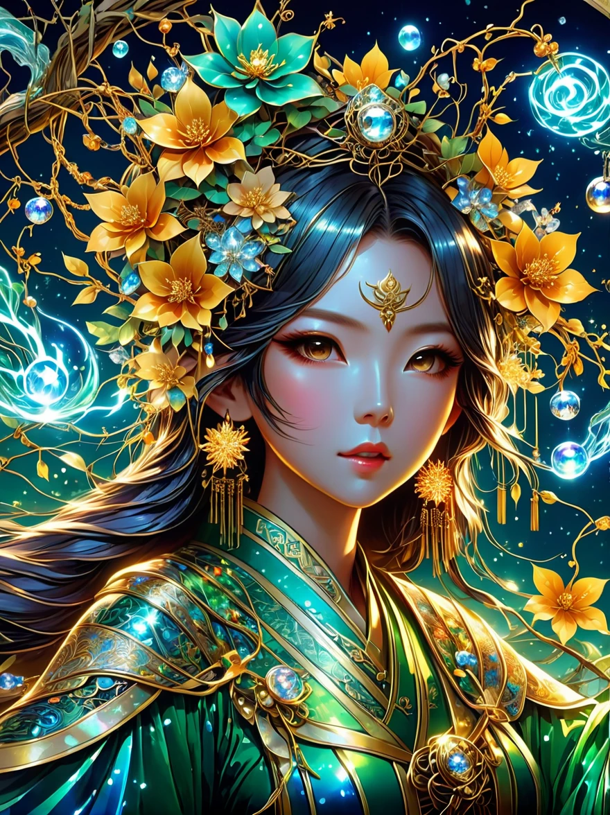 1 girl is a charming flower witch made of vines, 植物witch王, Vine Queen, Witch of Thorns, A charming girl woven from vines, charming矢车菊, The mysterious Tumi, Bloody hell flowers blooming at the gates of hell, Lead the soul to the other side, the charm of, charming, outstanding, witch, legendary magical girl, Magical Girl Glory, Metal flowers, A girl woven from metal vines, 少女拥有Metal flowers, mechanical metal style, metal art, Metal flowers, metal leaf, Full of metallic luster, Metal texture in the post-industrial era, metal wire crafts, golden flowers, Metal flowers, Silver flowers, metal tree branch, Crystal Pendant, Jade inlay, Carefully crafted, Perfect workmanship, Magic lightning background, blue lightning, masterpiece, art station, Surrealism, (highest quality, 8K, high resolution, masterpiece: 1.2), Extremely detailed, sportswear, landscape, fear, japanese manga, science fiction, photography, concept artist, high dynamic range, ultra high definition, studio lighting