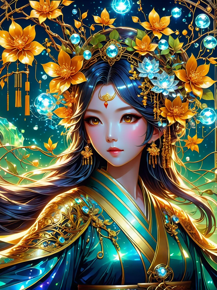 1 girl is a charming flower witch made of vines, 植物witch王, Vine Queen, Witch of Thorns, A charming girl woven from vines, charming矢车菊, The mysterious Tumi, Bloody hell flowers blooming at the gates of hell, Lead the soul to the other side, the charm of, charming, outstanding, witch, legendary magical girl, Magical Girl Glory, Metal flowers, A girl woven from metal vines, 少女拥有Metal flowers, mechanical metal style, metal art, Metal flowers, metal leaf, Full of metallic luster, Metal texture in the post-industrial era, metal wire crafts, golden flowers, Metal flowers, Silver flowers, metal tree branch, Crystal Pendant, Jade inlay, Carefully crafted, Perfect workmanship, Magic lightning background, blue lightning, masterpiece, art station, Surrealism, (highest quality, 8K, high resolution, masterpiece: 1.2), Extremely detailed, sportswear, landscape, fear, japanese manga, science fiction, photography, concept artist, high dynamic range, ultra high definition, studio lighting