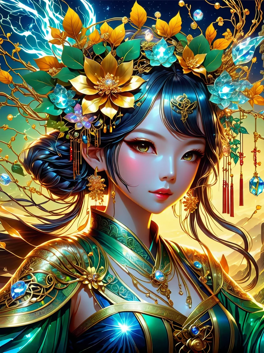 1 girl is a charming flower witch made of vines, 植物witch王, Vine Queen, Witch of Thorns, A charming girl woven from vines, charming矢车菊, The mysterious Tumi, Bloody hell flowers blooming at the gates of hell, Lead the soul to the other side, the charm of, charming, outstanding, witch, legendary magical girl, Magical Girl Glory, Metal flowers, A girl woven from metal vines, 少女拥有Metal flowers, mechanical metal style, metal art, Metal flowers, metal leaf, Full of metallic luster, Metal texture in the post-industrial era, metal wire crafts, golden flowers, Metal flowers, Silver flowers, metal tree branch, Crystal Pendant, Jade inlay, Carefully crafted, Perfect workmanship, Magic lightning background, blue lightning, masterpiece, art station, Surrealism, (highest quality, 8K, high resolution, masterpiece: 1.2), Extremely detailed, sportswear, landscape, fear, japanese manga, science fiction, photography, concept artist, high dynamic range, ultra high definition, studio lighting