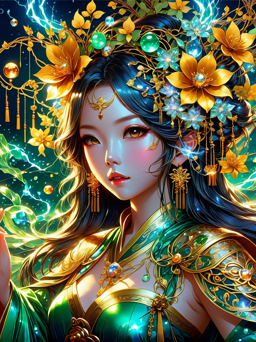1 girl is a charming flower witch made of vines, 植物witch王, Vine Queen, Witch of Thorns, A charming girl woven from vines, charming矢车菊, The mysterious Tumi, Bloody hell flowers blooming at the gates of hell, Lead the soul to the other side, the charm of, charming, outstanding, witch, legendary magical girl, Magical Girl Glory, Metal flowers, A girl woven from metal vines, 少女拥有Metal flowers, mechanical metal style, metal art, Metal flowers, metal leaf, Full of metallic luster, Metal texture in the post-industrial era, metal wire crafts, golden flowers, Metal flowers, Silver flowers, metal tree branch, Crystal Pendant, Jade inlay, Carefully crafted, Perfect workmanship, Magic lightning background, blue lightning, masterpiece, art station, Surrealism, (highest quality, 8K, high resolution, masterpiece: 1.2), Extremely detailed, sportswear, landscape, fear, japanese manga, science fiction, photography, concept artist, high dynamic range, ultra high definition, studio lighting