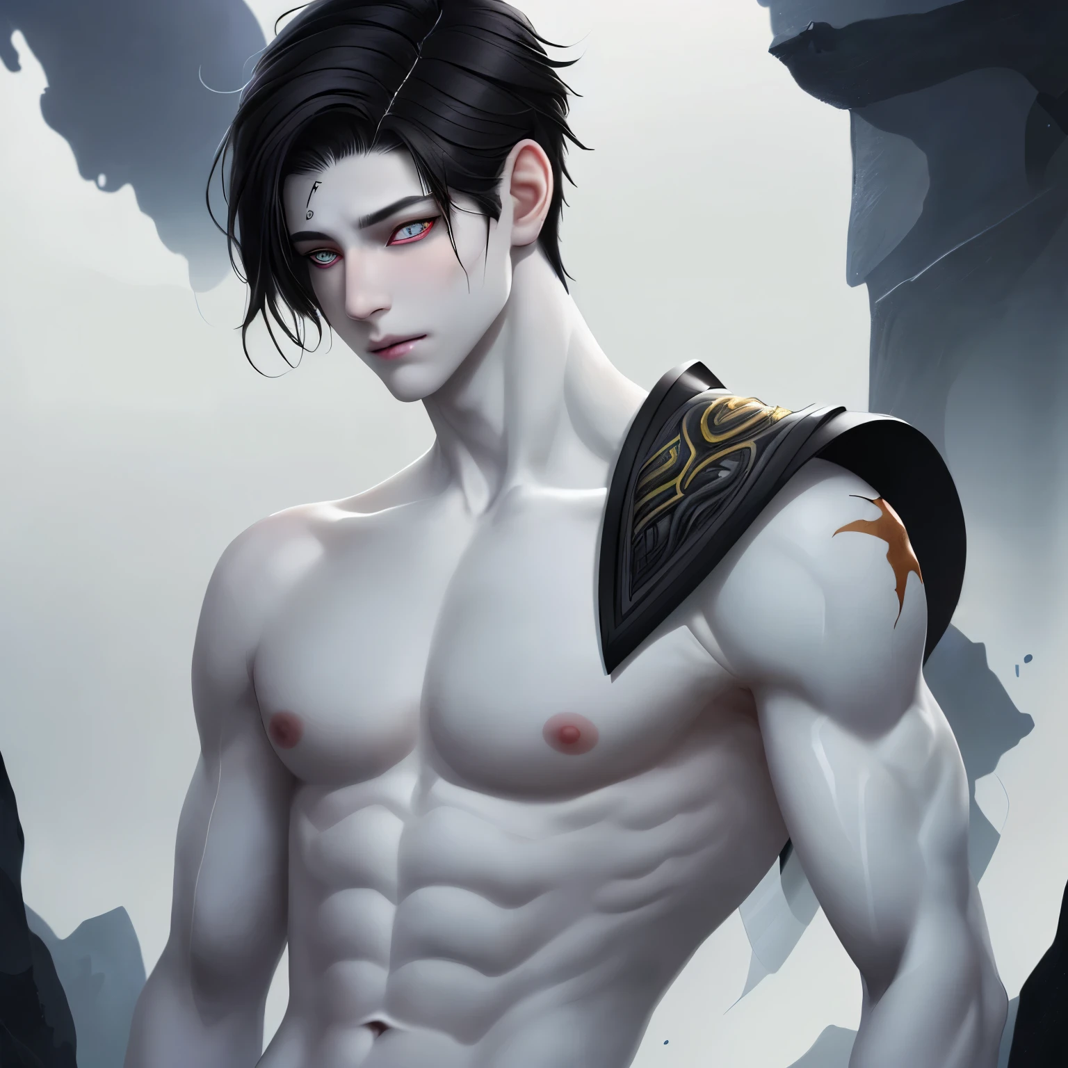 A boy with white skin, amber eyes, a scar on his left eye, dark hair and shoulder length hair.