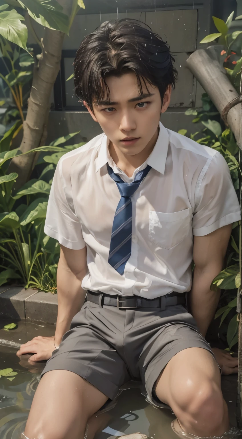 Super Realistic photography, Transparent see through white shirt, boy,(1 young boy),h resolution, Sharp focuasterpiece, ((Complicated details)), highly detailed, natsuki_subaru,Multi-view upper body,Suit pants view, 1 man,is shy,Pee on the legs,pissing,Urine runs down the thighs,embarressed,exhilarated,is shocked,panicking,worry,A small puddle of their own urine forms around the feet,full bodyesbian,kneels on the ground,Very eager to pee,It's uncomfortable,Wet yourself,Urine discharge, Sweaty crotch,Drenched,rain,The shirt is soaked,(A gesture of pleading),blue color eyes(eyes glowing), Short gray hair,white shirt,Wear a tie,Wear a belt,Black suit trousers,perspire,look from down