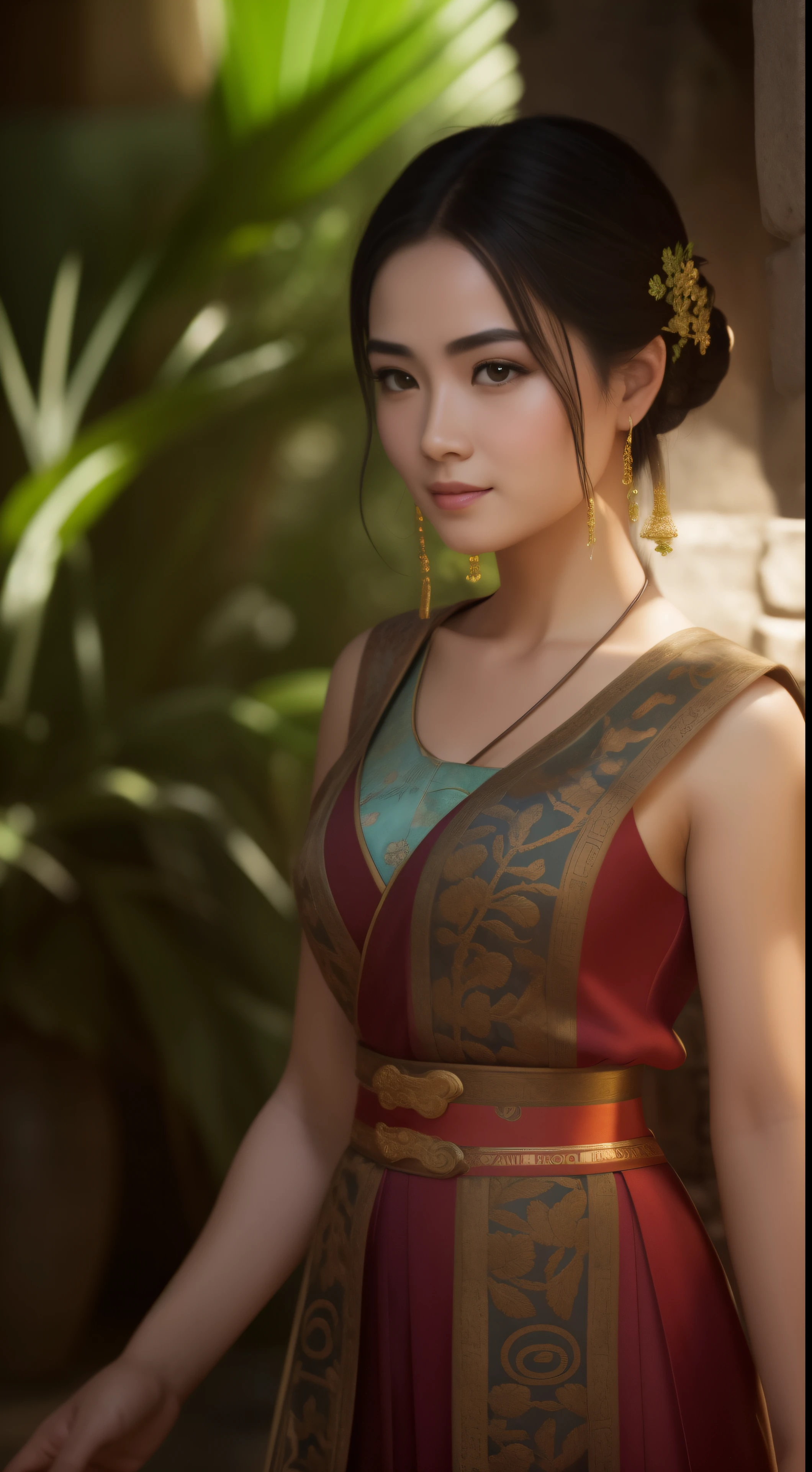 A high quality, octane rendered image of a charming sole figure, Feiyufu, in an epic, cinematic scene set in ancient China. The ultra HD detail shows her cute face with a small button nose, curved eyebrows, and a smile that lights up the room. The depth of field effect creates a sense of mystery and intrigue, with a blurred background of ancient architecture and lush foliage. The lighting is cinematic, casting shadows and highlighting every detail of her features. With a detailed outfit adorned with intricate patterns, and a peaceful expression, this image is a true masterpiece.
