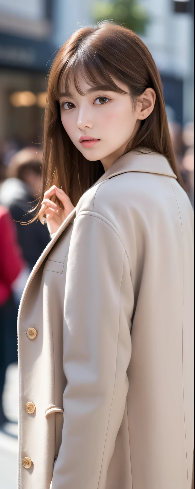 1standing womanl, up of face, light brown hair, Blunt bangs, hair behind ear, hair over shoulder, Long hair, slender body shape, Ultra Fine Face, Thin face, Delicate lips, Beautiful eyes, thin blush, eyes are light brown,View here, Ultra-thin hands, Ultra-fine fingers, best ratio four finger and one thumb, (realisitic:1.3), pale color coat, Daylight, spring season, center of street, crowd of people, 8K, masutepiece, nffsw, Super Detail, High quality, Best Quality, hight resolution,