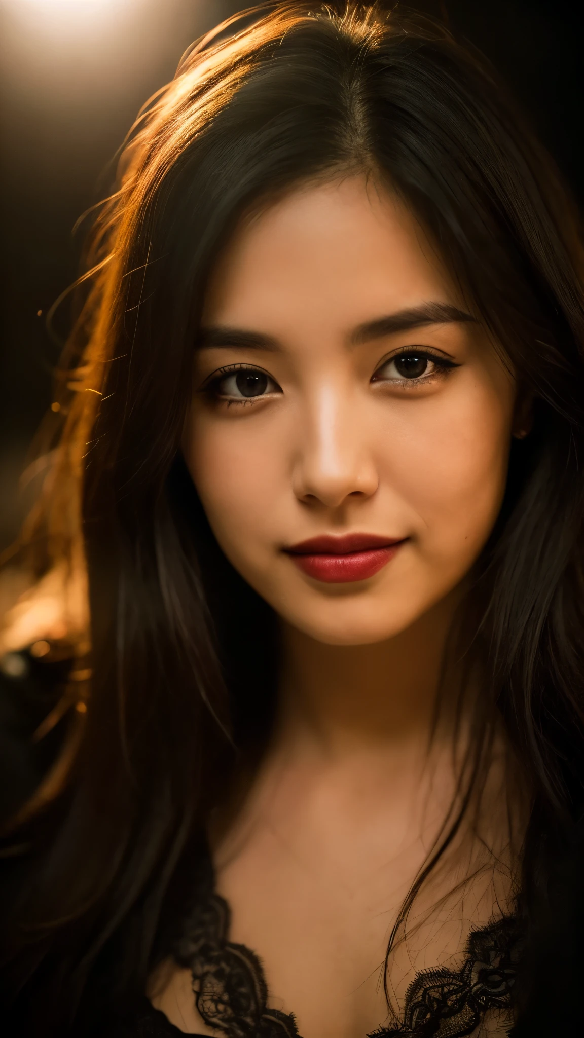 highest quality, epic realistic, ((in the pitch black darkness :1.4)), ((portrait:1.5)),(background: dark ) high contrast ,glorious picture, lowest lux, lighting face, she's comfortable, wearing lingerie, looks incredible, (8k, Raw photo, Highest quality),(epic realistic:1.5), a woman, face,(detailed eyes:0.8),(looking at the camera:1.4), (Highest quality), ( high contrast, deep shadows),Intricate details,cinematic,((skin:1.4)), (long dark hair:1.3), long hair, messy ,(Hdr:1.5),Detailed, colors, Superior quality, Masterpiece, Raw Photo (20-year-old, looking at viewer), beautiful, (wearing underwear,), perfect, natural, perfect composition, portrait, perfect face, smiling expression, Captivating eyes, Bright details, Tight lips, (High Skin Detail),, (blue tint: 0.6), (sale: 0.8), (bloody: 0.7), Key lighting , (backlight: 0.5), Medium depth of field, Canon 5d, 50mm lens, f/4 apertures, (Ultra-detailed, Complex detail), sharp focus, soft colors, 8k, Absurd, 80mm, dark background, photography, smiling, medium ,