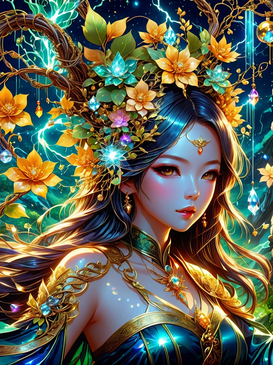 1 girl is a charming flower witch made of vines, 植物witch王, Vine Queen, Witch of Thorns, A charming girl woven from vines, charming矢车菊, The mysterious Tumi, Bloody hell flowers blooming at the gates of hell, Lead the soul to the other side, the charm of, charming, outstanding, witch, legendary magical girl, Magical Girl Glory, Metal flowers, A girl woven from metal vines, 少女拥有Metal flowers, mechanical metal style, metal art, Metal flowers, metal leaf, Full of metallic luster, Metal texture in the post-industrial era, metal wire crafts, golden flowers, Metal flowers, Silver flowers, metal tree branch, Crystal Pendant, Jade inlay, Carefully crafted, Perfect workmanship, Magic lightning background, blue lightning, masterpiece, art station, Surrealism, (highest quality, 8K, high resolution, masterpiece: 1.2), Extremely detailed, sportswear, landscape, fear, japanese manga, science fiction, photography, concept artist, high dynamic range, ultra high definition, studio lighting