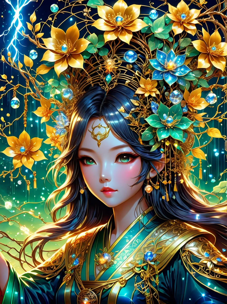 1 girl is a charming flower witch made of vines, 植物witch王, Vine Queen, Witch of Thorns, A charming girl woven from vines, charming矢车菊, The mysterious Tumi, Bloody hell flowers blooming at the gates of hell, Lead the soul to the other side, the charm of, charming, outstanding, witch, legendary magical girl, Magical Girl Glory, Metal flowers, A girl woven from metal vines, 少女拥有Metal flowers, mechanical metal style, metal art, Metal flowers, metal leaf, Full of metallic luster, Metal texture in the post-industrial era, metal wire crafts, golden flowers, Metal flowers, Silver flowers, metal tree branch, Crystal Pendant, Jade inlay, Carefully crafted, Perfect workmanship, Magic lightning background, blue lightning, masterpiece, art station, Surrealism, (highest quality, 8K, high resolution, masterpiece: 1.2), Extremely detailed, sportswear, landscape, fear, japanese manga, science fiction, photography, concept artist, high dynamic range, ultra high definition, studio lighting