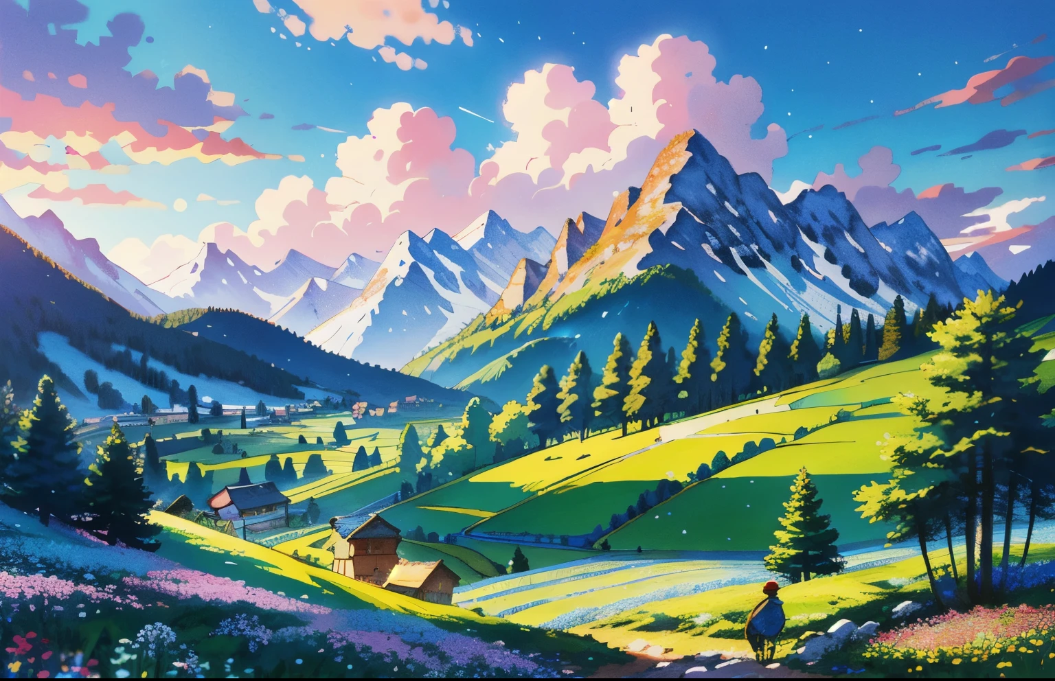 Super detailed illustration of a medieval soldier in a flower field, beautiful scenery, very detailed, distant mountain々, a small village far away, pine tree, ruins in the distance,90s of the 20th century